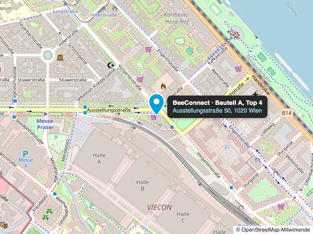 Karte: BeeConnect, Ausstellungsstraße 50, Bauteil A, Top 4, 1020 Wien – nahe U2 Messe-Prater